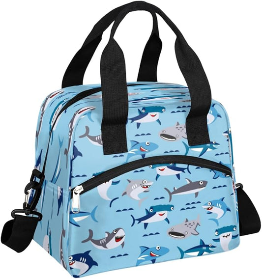 Insulated Lunch Bag for Women Men Funny Sharks Leakproof Cooler Tote Bag Large Reusable Adult Lunch Box with Adjustable Shoulder Strap for Office Work Picnic Travel Beach