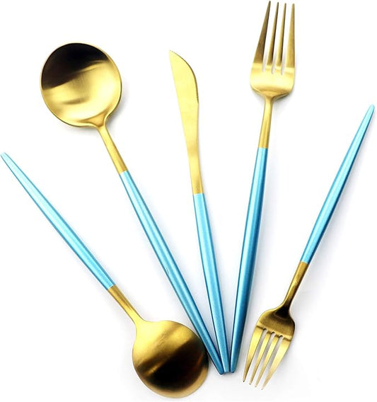 20 Pieces Matte Gold Blue Handle 18/10 Stainless Steel Silverware Set, Flatware Set Titanium Black Cutlery Set, Utensils Set for Home Restaurant Service Set for 4, Dishwasher Safe (Blue Gold)