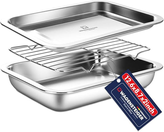 Stainless Steel Food Prep Container with Rack & Lid (Tray) 2.43 Quart / 2inch Depth, Hotel Pans, Catering Pan, Buffet Party Pans, Roasting Pan, Casserole (1302/No02)