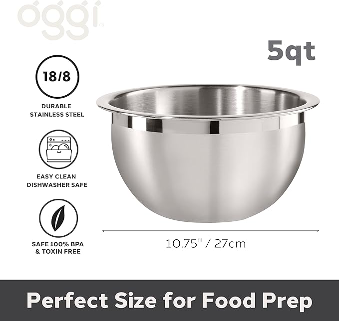Oggi 3-Quart Two-Tone Stainless Steel Mixing Bowl, Great for Mixing, Making Dough, Dressing Salads, Mixing Eggs, Washing Vegetables