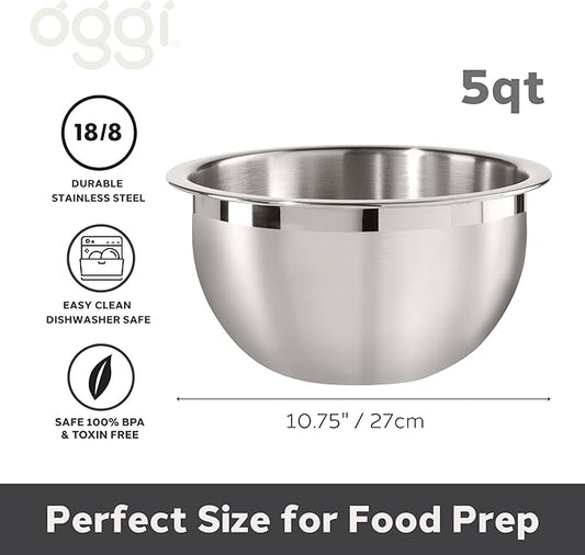 Oggi 3-Quart Two-Tone Stainless Steel Mixing Bowl, Great for Mixing, Making Dough, Dressing Salads, Mixing Eggs, Washing Vegetables