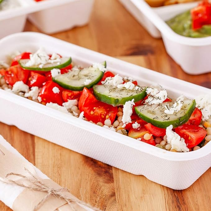 Restaurantware Pulp Tek 9.2 x 3.8 x 1.8 Inch Takeaway Food Boxes 100 Disposable Take Out Containers - Lids Sold Separately Freezable White Bagasse Catering Food Containers Microwavable