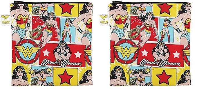 Bumkins Reusable Sandwich and Snack Bags, DC Comics Wonder Woman for Kids Lunch Bags and for Adults, Washable Fabric, Cloth Zip Bag, Dishwasher-Safe, Food-Safe (Pack of 2)
