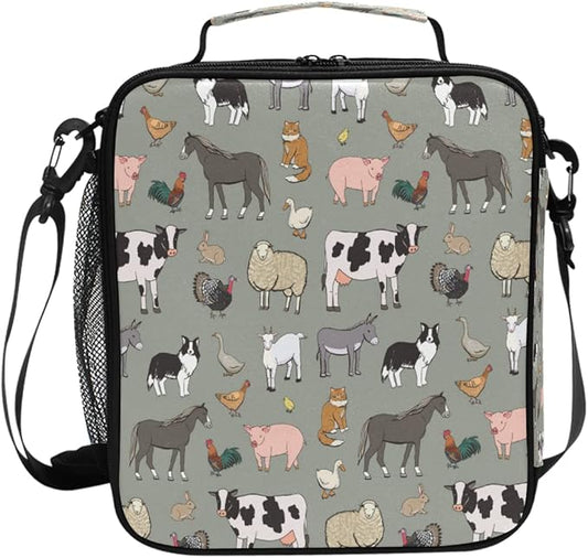 Nander Cartoon Farm Animals Lunch Box for Girls Kids Cooler Insulated Lunch Tote Bag with Shoulder Strap for School