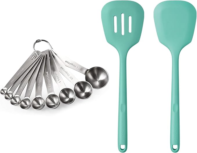 18/8 Stainless Steel Measuring Spoons Set for Dry and Liquid Ingredients (Set of 9), and 600ºF Heat Resistant Silicone Turners, 13.6in Long Solid & Slotted Kitchen Spatula (Aqua Sky)