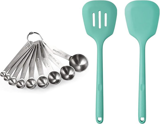 18/8 Stainless Steel Measuring Spoons Set for Dry and Liquid Ingredients (Set of 9), and 600ºF Heat Resistant Silicone Turners, 13.6in Long Solid & Slotted Kitchen Spatula (Aqua Sky)