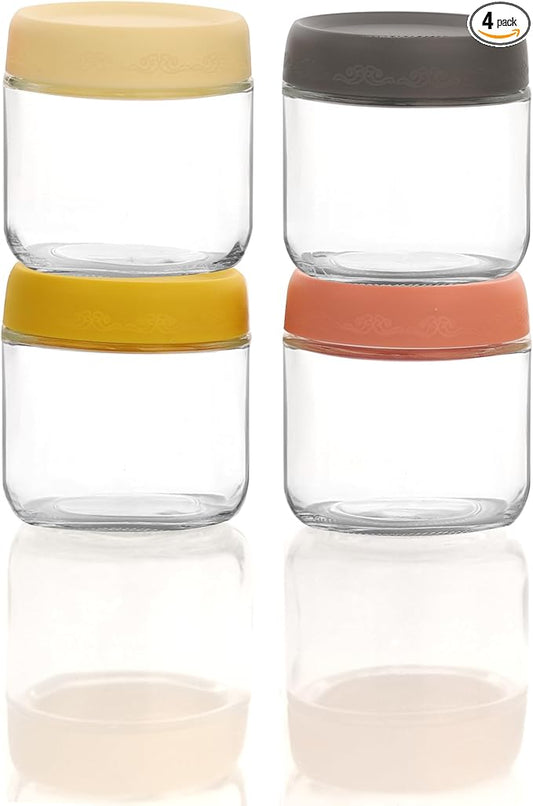 10 OZ Glass Food Jar Storage Containers with Airtight Lids, Reusable Wide Mouth Overnight Oats Glass Mason Jars for Snacks Yogurt Pudding(Multicolor 4pack-2)