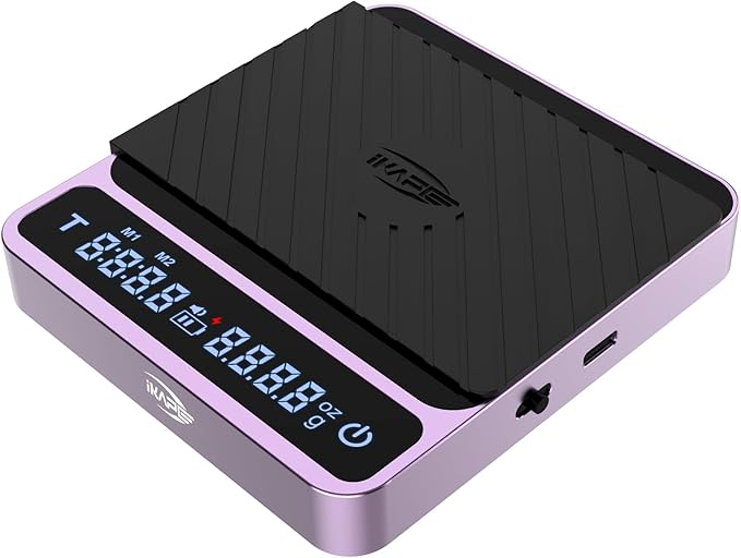 IKAPE Digital Coffee Scale, Premium Aluminium Espresso Scales with Timer, 2kg/0.1g High Precision Rechargeable Drip Espresso Scale with Tare Function, LED Display(Purple)