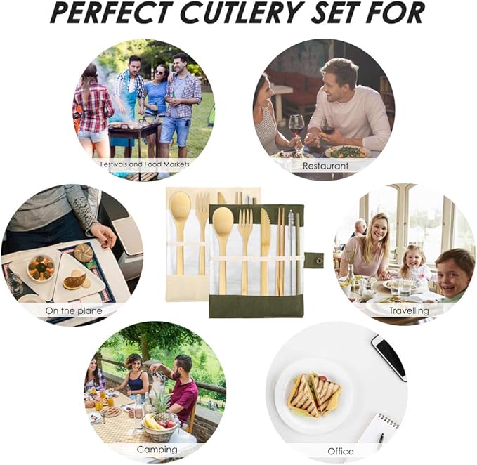 Set of 2, Bamboo Utensils Cutlery, DaKuan Reusable Cutlery Travel Set, Bamboo Spoon, Fork, Knife, Brush, Chopsticks and Straw, Eco-Friendly Portable Utensils With Case