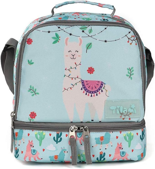 Tilami Lunch Bags Insulated Adjustable Strap Zipper, Two Compartments Cooler Bags, Bento Bags for Kids Toddlers, Blue Alpaca