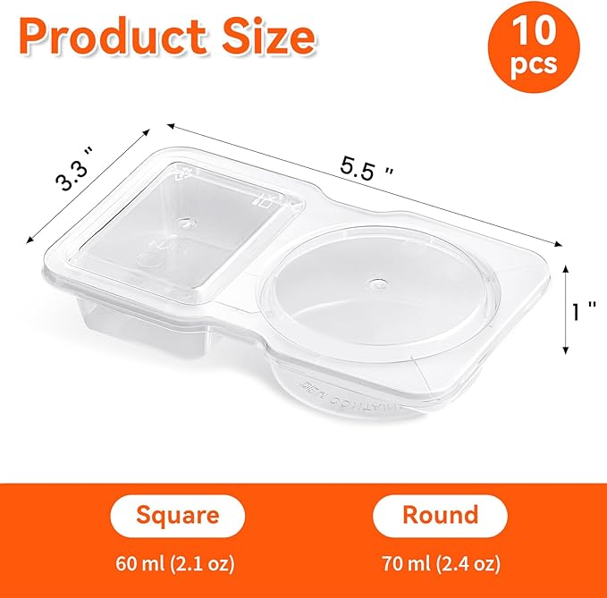Qeirudu 10 Sets 4.5oz Reusable Plastic Snack Containers, Double Compartment Condiment Containers with Lids for Meal Prep, Dipping Sauce, Portion Control, Travel Snack