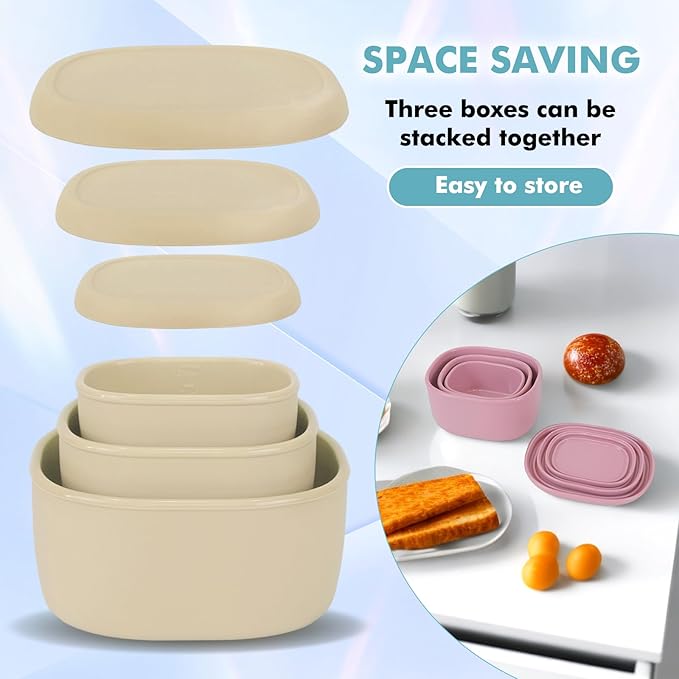 Anatole Silicone Food Storage Lunch Bento Box Set of 3 Reusable Nesting Containers with Lids BPA Free Dishwasher Microwave Oven Freezer Safe Leakproof (6.7oz, 10oz, 20oz) Yellow