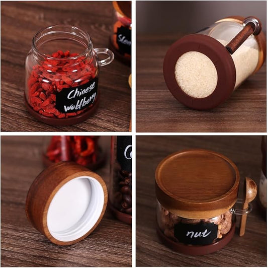 SAIOOL High Bprosilicate Glass 4 Pack Spice Jars with Label and Spoons,Overnight Oats Containers with Acacia Airtight Lids,Glass Food Storage Jars, Coffee Bar (Acacia 12 OZ*4)