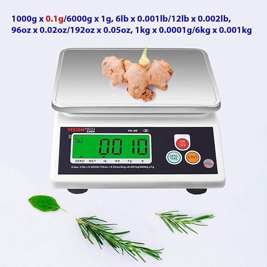 VisionTechShop VK-2D 0.1g Premium Food Kitchen Scale, Lb/Oz/Kg/g Switchable, Stainless Steel Plate Food Scale, Large LCD Display with Backlight, 12lb Max Capacity, 0.001lb Readability