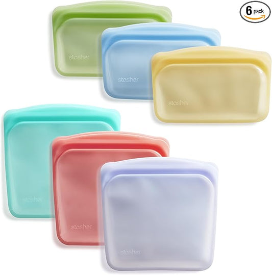 Stasher Premium Silicone Reusable Food Storage Bags, 6-Pack, Multi, Multi-Use Food Storage Bags, Lunch Bag, Travel Containers, BPA Free, Leak-free, Dishwasher-Safe, Eco-friendly