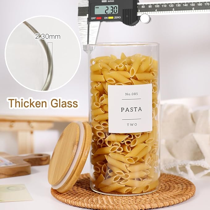3 Pack Glass Jar with Airtight Bamboo Lid and White 132 Kichen Pantry Labels Preprinted - 44 Oz Clear Tall Glass Food Storage Containers set For Cereal Rice Oat Sugar Tea Coffee Beans