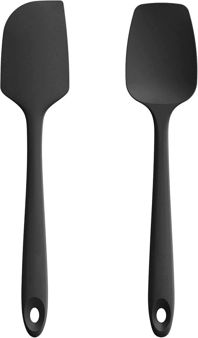 18/8 Stainless Steel Measuring Spoons Set for Dry and Liquid Ingredients (Set of 6), and 600ºF Heat Resistant 11.38in Flexible Non-Stick Spatula & Spoon Spatula (Black)
