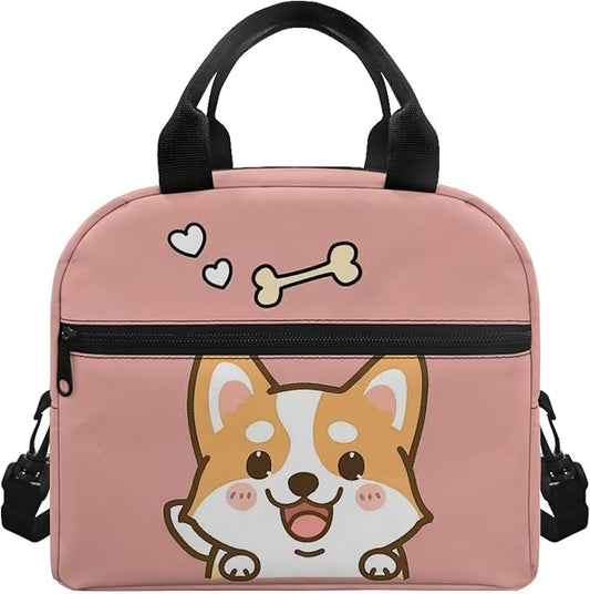 Showudesigns Cute Corgi Lunch Bags for Girls 8-10 10-12 Insulated Lunch Box Travel Bag Picnic Container Thermal Meal Tote Kit With Thick Handle Crossbody Bag Lunchbox Bento Pink