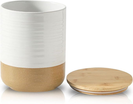 Hasense 80oz White Ceramic Food Storage Jar with Bamboo Lid – 7.5 Inch Minimalist Kitchen Canister for Pantry, Dry Goods, Sugar, Tea, Flour – Airtight Wide Mouth Container with Natural Base