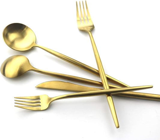 5 Pieces Matte Gold Handle 18/10 Stainless Steel Silverware Set, Flatware Set Titanium Cutlery Set, Utensils Set for Home Restaurant, Dishwasher Safe (Full Gold)