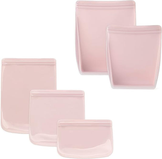 W&P Porter Silicone Reusable Storage Bags, Variety 5 Pack (10oz, 34oz, 46oz, 36oz, 50oz), Blush, Food Storage Container, Microwave and Dishwasher Safe, Easy Cleaning