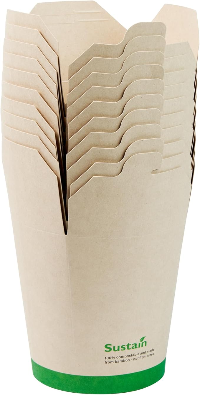 Restaurantware Sustain 32 Ounce Sturdy Paper Take Out Boxes, 200 Disposable Take Out Food Containers - With PLA lining, Compostable, Bamboo Paper Containers, Built-In Tab-Lock Cover, Greaseproof