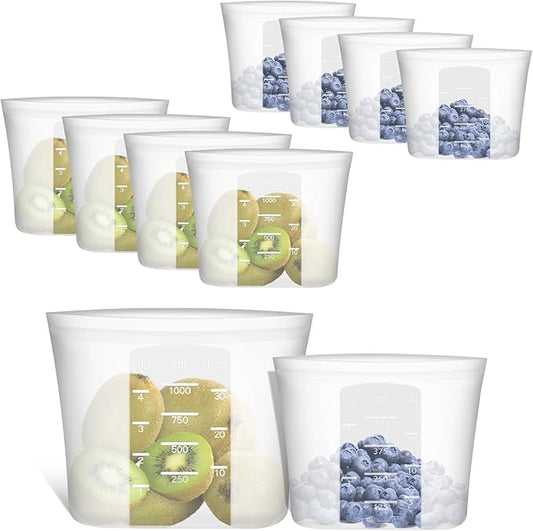 Reusable Sandwich & Snack Bags, 8 Pack 100% Silicone Stand Up Zip Lock Food Storage Bags for Food Container, Freezer Microwave Oven Dishwasher Safe, 4 Medium 4 Small, Translucent