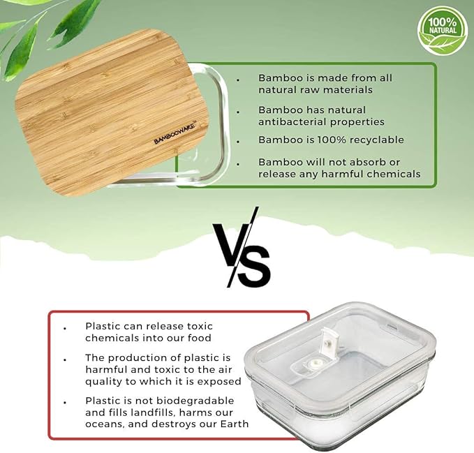 Glass Containers with Lids | Non Plastic Glassware Set - Natural Raw Organic Wooden Bamboo Lids | Set of 4 | Reusable, BPA Free | Perfect for Meal Prep, Lunch, Leftovers, Kitchen