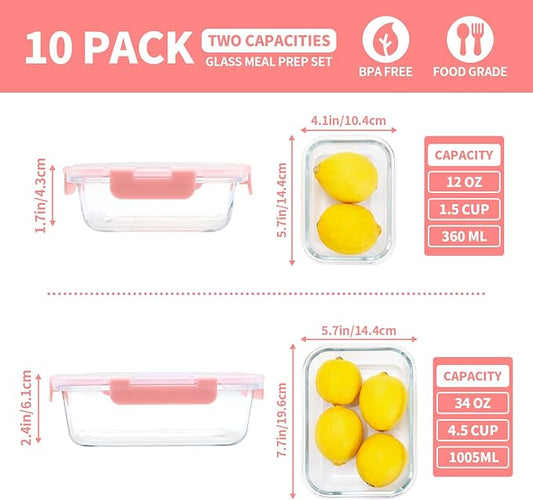 10 Pack Glass Meal Prep Containers with Lids, Airtight Food Storage Containers, Leakproof, Microwave, Freezer Safe
