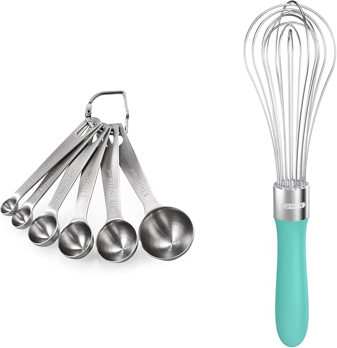 18/8 Stainless Steel Measuring Spoons Set for Dry and Liquid Ingredients (Set of 6), and 18/10 Stainless Steel Balloon Whisk for Kitchen Cooking with 8 Flex Wires (Aqua Sky)