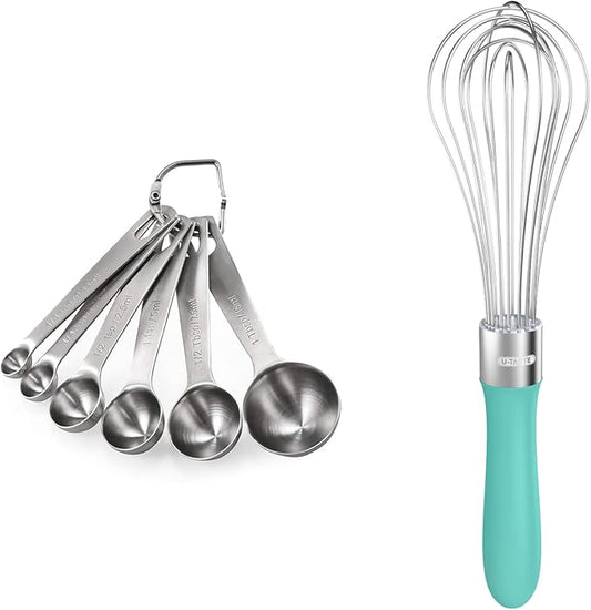18/8 Stainless Steel Measuring Spoons Set for Dry and Liquid Ingredients (Set of 6), and 18/10 Stainless Steel Balloon Whisk for Kitchen Cooking with 8 Flex Wires (Aqua Sky)