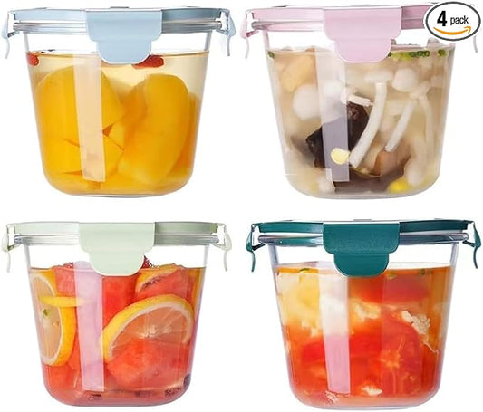 4 Pack Round Glass Soup Storage Set, 3 Cup Food Containers With Airtight Lids for Leftovers, BPA-Free, Microwave, Freezer and Dishwasher Safe