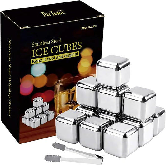 12 Pack Whiskey Stones Gift Set for Men, Das TooKii Stainless Steel Ice Cubes Chilling Stones Reusable, High Cooling Rocks Metal Ice Cube for Drinks Beverage Wine with Ice Tongs & Freezer Storage Box