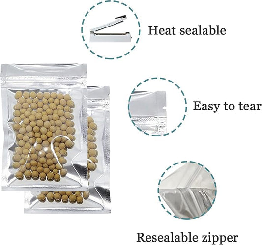 PABCK 100 Pack Clear Front Resealable Mylar Bags 8.5x14cm (3.3x5.5inch) Heat Seal Aluminum Foil Plastic Packaging for Zip Bulk Food Storage Zipper Lock Candy Foil Pouch with Tear Nothces