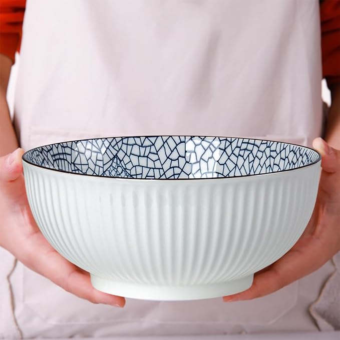 QINLANG Large Soup Bowls, Pho & Ramen Set of 3, 60 oz Blue & White Porcelain - Leaf Pattern