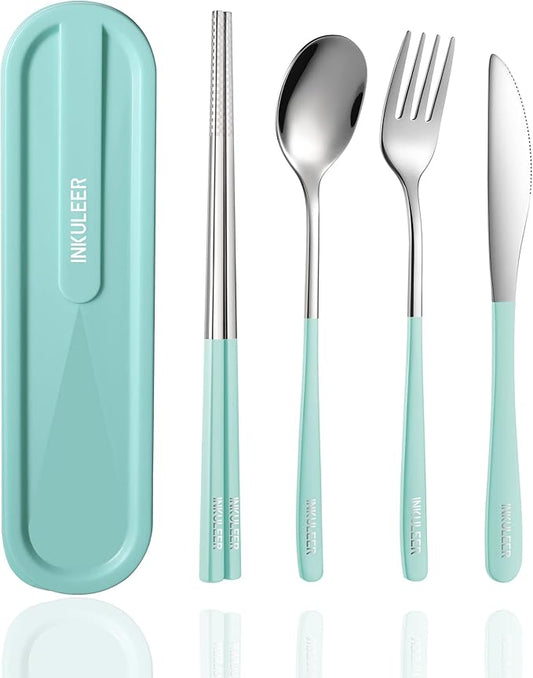 Travel cutlery set, 18/8 stainless steel cutlery, Reusable utensils set with case, Portable Silverware Lunch Box for Camping and Office