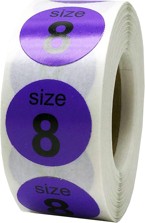 Shoe Size 8 Purple Stickers for Retail Clothing – 3/4 Inch Round, 500 Semi-Gloss Adhesive Labels Per Roll for Footwear Inventory, Organization, and Display – Made in The USA