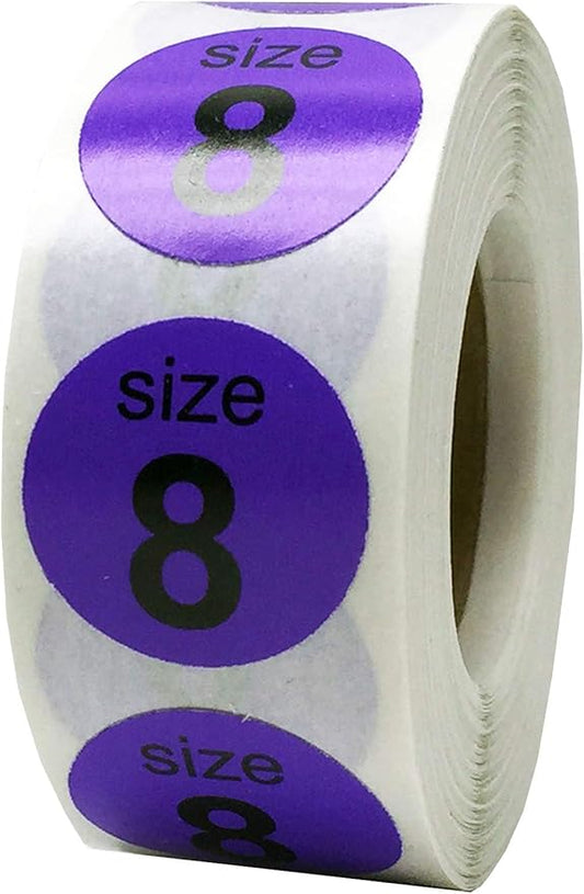 Shoe Size 8 Purple Stickers for Retail Clothing – 3/4 Inch Round, 500 Semi-Gloss Adhesive Labels Per Roll for Footwear Inventory, Organization, and Display – Made in The USA