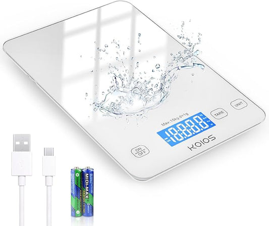 KOIOS Kitchen Scale, 33lb/15kg Digital Food Scales Weight in Grams and Ounces for Cooking Baking, 1g/0.1oz Precise Graduation, Batteries and Type-C Charging, Tare Function, LCD Display, White