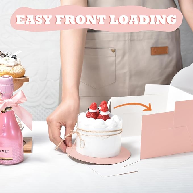 KPOSIYA 40pcs 6x6x5 inch Mini Cake Boxes with Cake Boards (20 Boxes & 20 Boards), Pink Bakery Box with Window for Treat Dessert Pastry Donuts Macaroon Strawberries Chocolate Candy