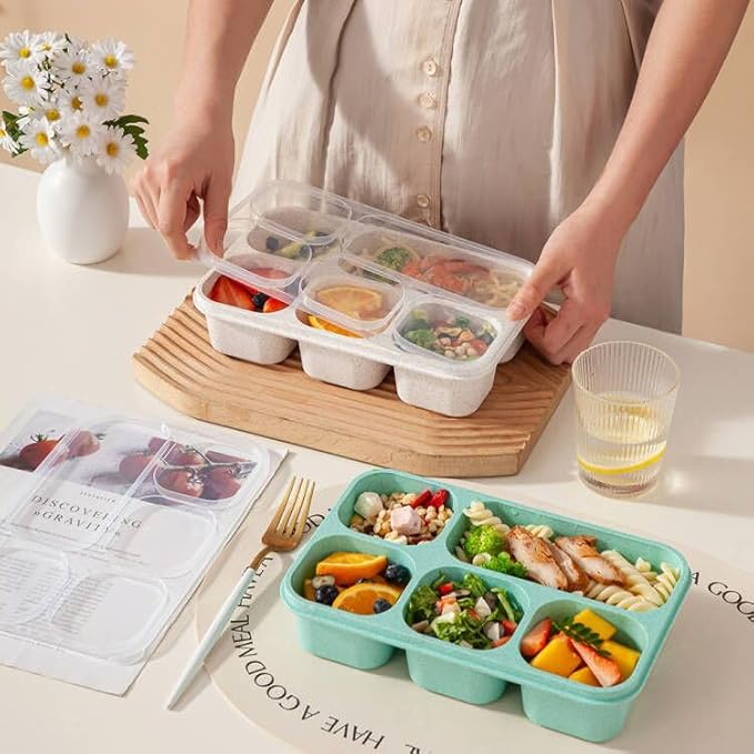 4 Pack Adult Lunch Box Snack Box for Kids, 5 Compartment Meal Prep Containers Reusable Portion Control Containers Wheat Straw Lunch Box Food Storage Containers for School, Work, Travel