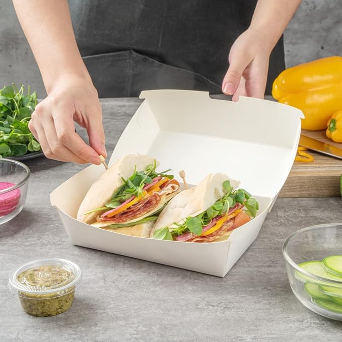 Restaurantware Bio Tek 6.7 x 3.5 x 3.5 Inch Clamshell Food Containers 100 Disposable Sandwich Containers - Hinged Lid Tab-Lock Closure White Paper Hot Dog Containers Recyclable Greaseproof