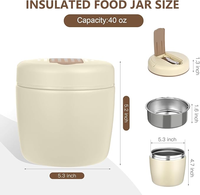 Thermo for Hot Food 32oz, Vacuum Insulated Food Jar for Adults, Stainless Steel Soup Thermo Wide Mouth Leakproof Lunch Containers with Spoon for School Office, Beige