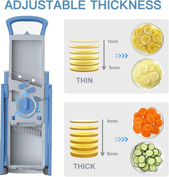 Upgraded Safety Mandoline Slicer, Adjustable Thickness Potato Slicer, French Fries Slicer, 4-in-1 Vegetable Slicer, Removable Easy-to-Clean Kitchen Vegetable Chopper (Blue)