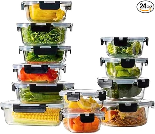 24-Pcs glass food containers set(12 Airtight, Freezer and Microwave Safe Food Storage Containers and 12 Lids), Glass Meal Prep Containers,BPA-free. Microwave,freezer,oven and Dishwasher safe.