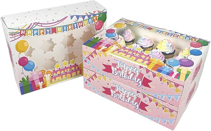 qiqee Birthday 16 Packs 12 Cupcake Boxes with Window, 13"x10"x3.5" Bakery Boxes for Cupcakes, 12 Cupcake Carriers
