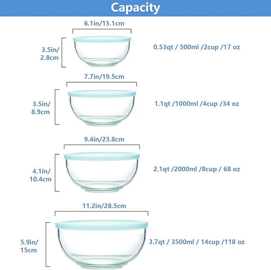8 Piece Glass Bowls with Lids, Heat Resistant Glass Mixing Bowls Set (3.7QT, 2.1QT, 1.1QT, 0.53QT), Clear Salad Bowls with BAP-Free Lids for Kitchen, Oven Microwave Dishwasher Safe