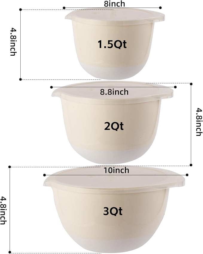 3 Plastic Mixing Bowls with Pour Spout,Lids and TPR Non-Slip Bottom,3Qt,2Qt,1.5Qt,Nesting Bowl Set for Kitchen Prep,Baking,Storage Food,Batter,BPA free,Dishwasher Safe,Easy to Grip,White