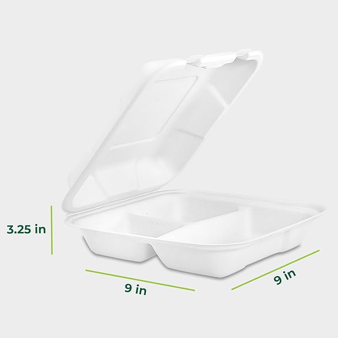 Freshware Clamshell Food Containers with Lids [9x9] 3-Compartment 50-Pack, Disposable To Go Containers, Biodegradable Sugarcane To Go Boxes - Paper Containers - Microwave & Freezer Safe, Stackable