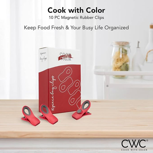 COOK WITH COLOR Bag Clips with Magnet- Food Clips, Chip Clips, Bag Clips for Food Storage with Airtight Seal Grip for Bread Bags, Snack Bags and Food Bags (Red, Pack of 10)
